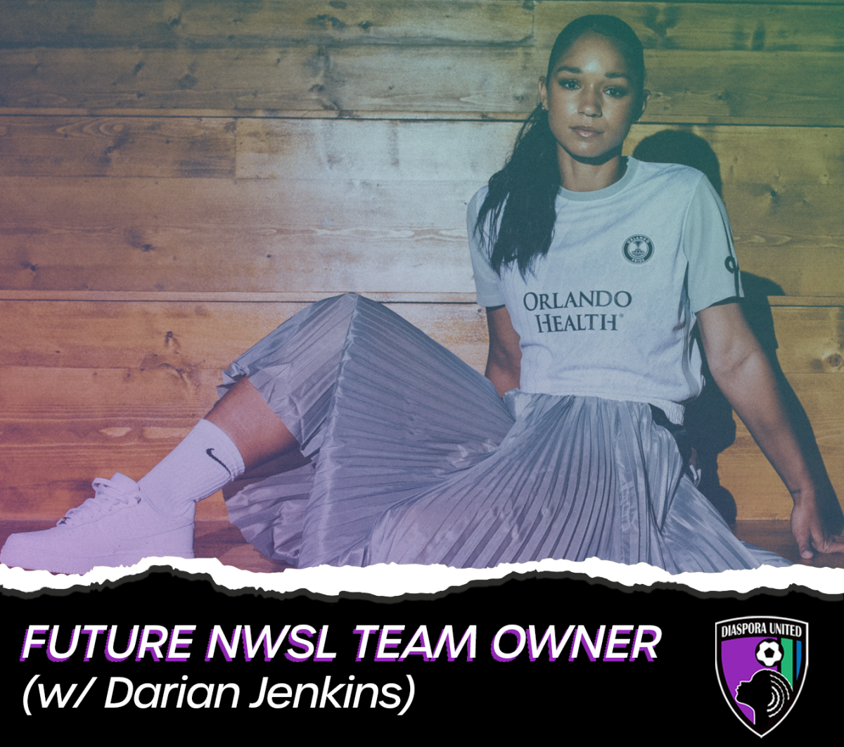Photo of Darian Jenkins with a green and purple gradient overlay with text below reading 'FUTURE NWSL TEAM OWNER (w/ Darian Jenkins)'