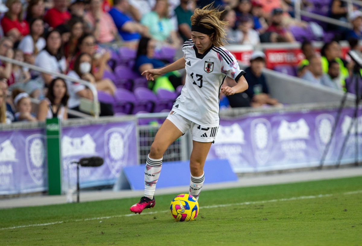 Japan attacker Jun Endo with the ball at her feet during the 2023 SheBelieves Cup. // Photo by Georgia Soares.