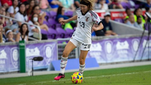 Japan attacker Jun Endo with the ball at her feet during the 2023 SheBelieves Cup. // Photo by Georgia Soares.